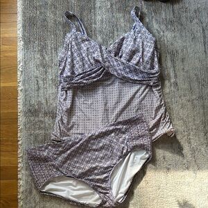 Lands' End Purple and White Tankini Set with Smocked Detailing and Underwire